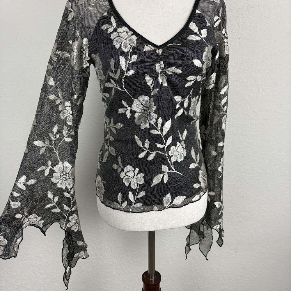 Vtg Y2K Size 8 Whimsigoth Blouse Flare Asymmetric Sleeve Floral Black Fairy Lace - Picture 4 of 7